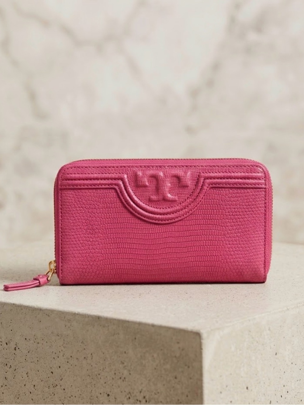 Tory Burch Hot Pink McGraw Embossed Zip Continental Wallet